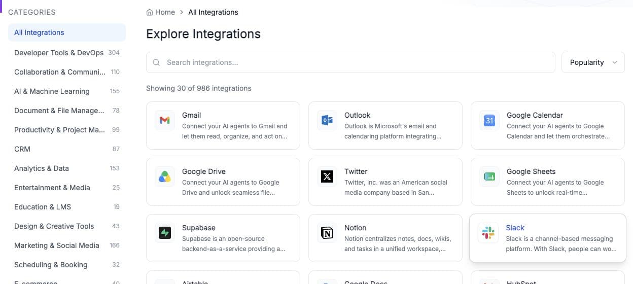 Agentic Workers public connector catalog with categories, search and integration cards