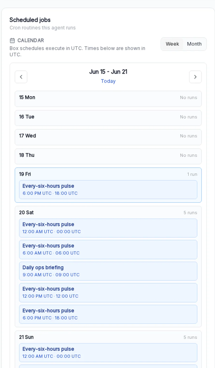 Agentic Workers weekly Scheduled Jobs calendar showing recurring pulse and daily operations briefing runs